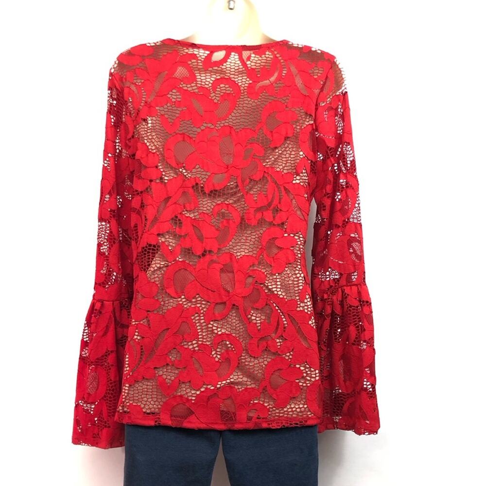 INC International Concepts Red Lace Nude Lined Top Bell Sleeves Scoop Neckline - Picture 3 of 16